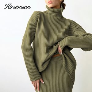 Tvådelad klänning Hirsionsan Elegant Sticked Set Women Casual Two Pieces Turtle Neck tröja och midi kjol Kvinnliga varma kostymer med kjol 230130