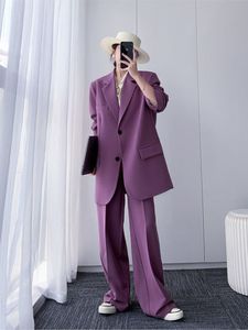 Frauen Zweiteilige Hosen Vintage Büro Dame Anzug Lila Jacke Koreanischen Stil Mode langärmelige zweiteilige Casual Blazer Sets 230131