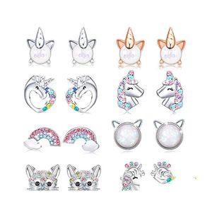 Stud Cute Horse Earrings For Little Girl Kids Crystal Cat Butterfly Rainbow Heart Star Earring Christmas Gift Jewelry Drop Delivery Otlza