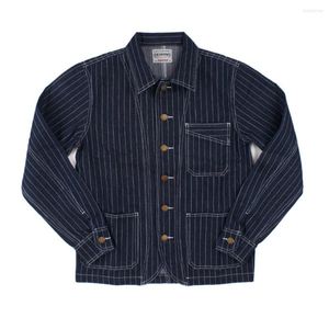 Männer Jacken Männer Amekaji Vintage Gestreiften Denim Frühling Herbst Französisch Arbeitskleidung Overalls Revers Werkzeug Jacke Lässige Strickjacke Mantel