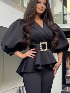 Women's Blouses Shirts Black Short Puff Sleeve Ruffles Elegant Women Office Daily Party Peplum Tops Outwear for Ladies Summer 230131