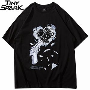 Herr t-shirts streetwear överdimensionerad tshirt hip hop pistol brytning hjärttryck t-shirt män harajuku bomull lös sommar kort ärm toppar tees 230131