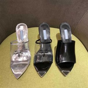 Prad Designer Women Sandals Triangle Tryckt High Heels Luxury Milano Slides Chunky High Heel Metallic Leather