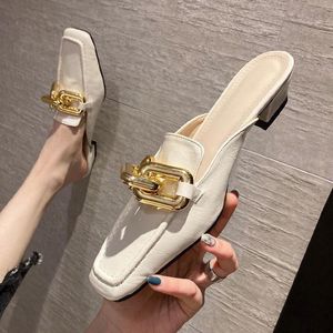 Slippers Metal Chain Women Shoes 2023 Summer Non-Slip Square Toe Concise Ladies Mules Fashion Elegant Female Footwear