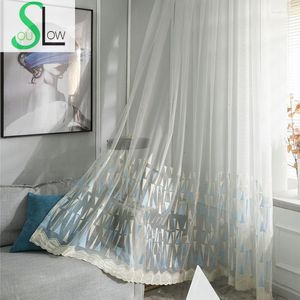 Curtain Slow Soul Triangle Blue Tulle Curtains Embroidered Japanese Korean Geometric Rideaux Pour Le Salon For Living Room Kids