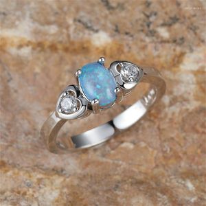 Wedding Rings Oval White Blue Fire Opal For Women Silver Color Love Heart Bands Valentine Day Engagement Ring Zircon Jewelry