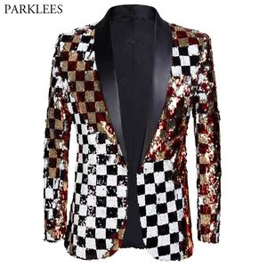 Herrdräkter Blazers Shiny Square Plaid Sequin Tuxedo Blazer Men One Button Shawl Lapel Mens Party Suit Jacket Wedding Grom Stage Singer Costume 3XL 230130