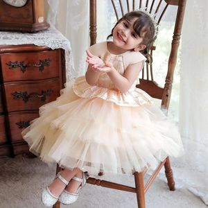 Girl Dresses Princess Champagne Formal Children Party Elegant Kids Gowns Sequins Tulle Cake Wedding Birthday First Communion Dress