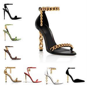 Luxury Leather SANDAL Chain MIRROR LEATHER PADLOCK POINTY NAKED Gladiator Women Fine heel Top Fashion sexy party woman shoes with box and dustbag 35-43