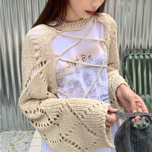 Kvinnors tshirt 2023 Spring Letter Print Lous Casual Short Sleeve Women Hollow Sunscreen Laceup Knit Tröja Twopiece Suit 230130