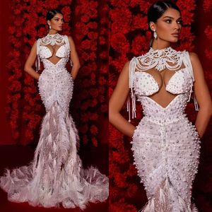 Feather Sexy Pearls Mermaid Wedding Dresses Vintage Sleeveless Bridal Gowns Custom Made Beading Dress Vestido De Novia