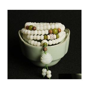 Charm Bracelets Natural Stone Bodhi Root Wrap White Jade Buddhist 108Pcs Buddha Beads Rosary Bodhis Bracelet For Women 134C3 Drop De Dhiz6