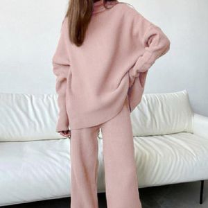 Women's Tracksuits Pink Knitted Suit Soft Turtleneck Long Sleeve Sweater Wide Leg Pants 2 Pieces Sets Autumn Winter Homewear 230131