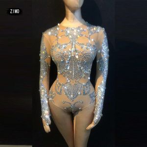 Macacões femininos Rompers Rompers Sexy Silver Bodysuit Womens Bar Nightclub Showgirl Dance Pólo Party Party Elastic Stage Stage Festival Festival Moda 230131