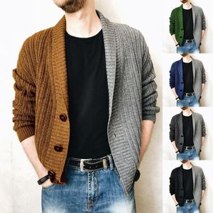 Herrtröjor man jul tröja lapel sömnad stickad kappa tvåfärgade enbrast cardigan stickade tröjor