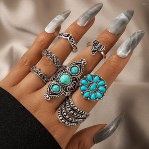 Bröllopsringar Vintage Antik Silver Färgglad Opal Crystal Natural Stone Ring Set for Women Bohemian Feather Style Fashion Finger Jewelry