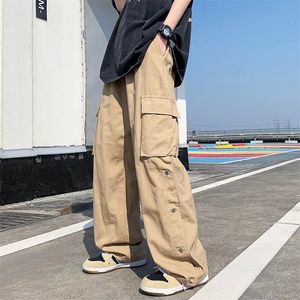 Calça masculina cargo de algodão harajuku casual reto para bolsos sólidos grandes calças de design de pernas largas 230131