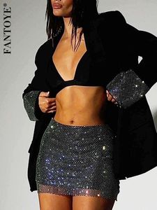 Two Piece Dress Fantoye Glitter Diamond Shiny Women Blazer Set Double Layer Blazer Fishnet Skirt Female Two Piece Set Fashion Club Night Outfits 230130