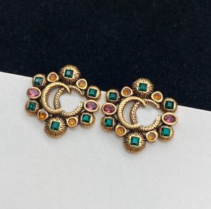 Vintage Classic Letter Charm Earring Designer Colorful Diamond Ear Studs Brand Eartrop Have Stamp Aretes For Women Women Party Wedding Jewelry Gift With Box
