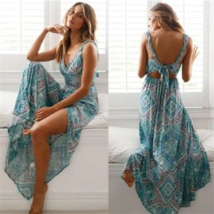 Casual Dresse Sexig backless klänning Summer Bohemian Floral Print Long Dresses Femal V Neck Vestidos Plus Size Lady Clothes 230130