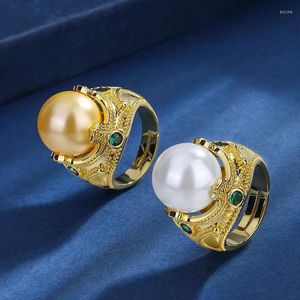 Pierścionki ślubne Eyer Precious rozmiar białego żółtego sześciennego cyrkonu Big Pearl Charms for Women Luxury Retro Bridal Finger Jewelry