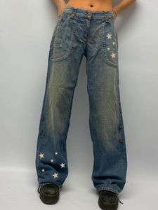 Jeans feminino weiyao estampa estampa angustiada Denim Vintage 90s Para calças de calças de mulher Street Pocket Straight Pocket Lowwaist Troushers