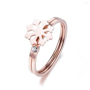 Anneaux de mariage mode or Rose couleur flocon de neige cubique zircone ensemble pour femmes en acier inoxydable anneau bijoux R18007