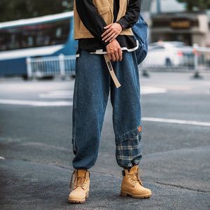 Mäns jeans Deeptown Patchwork Plaid Men mode Harem Denim Pants Korean Streetwear Trousers Male Hip Hop Jogger Lossa Casual Ribbons 230131