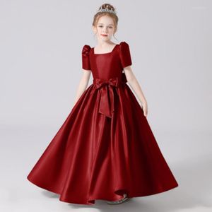 Mädchenkleider Dideyttawl Burgunderrotes, weiches Satin-Weihnachtskleid für Mädchen, schlicht, kurze Ärmel, bodenlang, Junior-Konzertparty-Kleid, Geburtstag