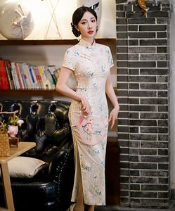 Etniska kläder vintage mandarin krage chiffong lång stil qipao handgjorda knappar kort ärm cheongsam kinesisk kvinnlig bröllopsklänning