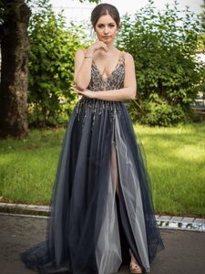 Sexy Deep V-Neck Evening Dresses Beaded Top Backless Side Split Long Prom Gowns Major Beading