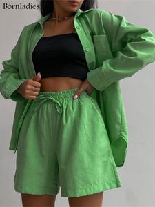 여자 2 조각 팬츠 Bornladies 세련된 면화 캐주얼 여성 짧은 세트 여름 높이 허리 녹색 셔츠 정장 세트 패션 2 s 230131