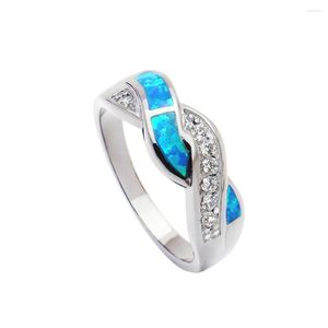 Bröllopsringar Fashion Silver Plated Opal Jewelry Engagement Finger For Women Gift Distribution Blue Stone Storlek 6-11