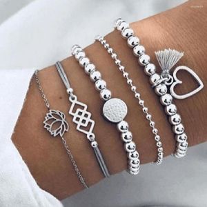 Pulseiras de link 5pcs/ conjunto lótus em forma de coração boêmio para mulheres boho jóias gem se esferas geométricas Pulseira de charme anjo