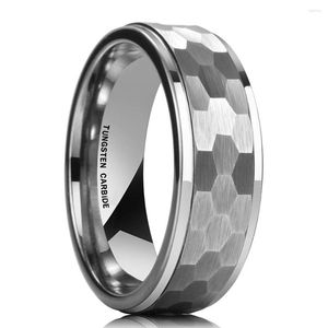 Wedding Rings 8MM Mens Silver Color Hammered Stainless Steel Ring Polished Stepped Edges Multi-Faceted Men Engagement Anniversary Gifts