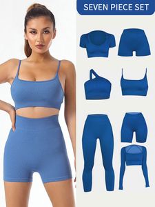 Zweiteilige Damenhose CHRLEISURE Nahtloses Sportset Damen Sport-BH Langarm Crop Top Gym Leggings Shorts Fitness Workout Wear 230131