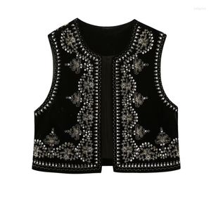 Women's Vests 2023 Ladies Vintage O Neck Sequined Floral Black Embroidered Cropped Vest Jacket M Sleeveless Casual Velvet Tank Top