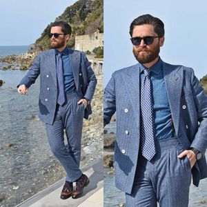 Two Pieces Wedding Tuxedos Men Suits Herringbone Pattern Classical Formal Suit Jacket Double Breasted Customized Peaked Lapel Pockets Bridegroom Coat Pants