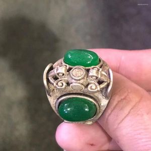 Cluster Rings Wholesale Retro Yang Green Jade Ring Tibetan Silver Inlaid Men's Retractable