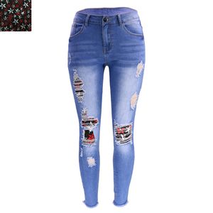 Europäische amerikanische High-End-Jeans, hoch taillierte, elastische Jeans, Bleistift-Leggings, getragenes Patch-Patchwork 9136H05