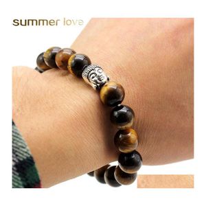 Fili di perline 10mm Braccialetti di perline di pietra naturale Occhio di tigre Testa di Buddha Uomo Preghiera Lava Rotondo Bracciale di corda elastica per le donne Dr Ota3R