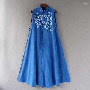 Casual Dresses Embroidery Chinese Style Women Black Vest Dress Midi Oriental Ethnic Blue Sleeveless Female Clothing 2023