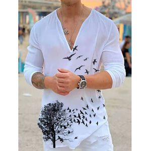 Men's T-Shirts T-shirt Long Sleeve Deep V-Neck Tops Bird Dragonfly Printing Oversized Tees Streetwear Loose Pullover Spring Autumn 230131