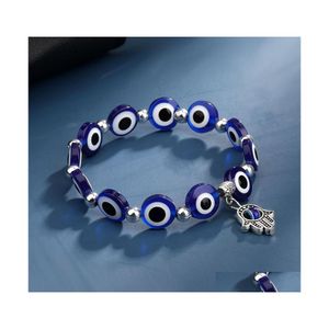 Fili di perline Bracciali di perline da donna Fascino boemo Tacchino Mano di Hamsa Bracciale occhio azzurro malvagio Perline lucide Braccialetto elastico Psera J Dhg81