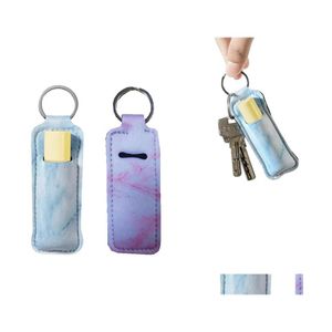 Party Favor Neoprene Rec Keychains Marble Leopard Stripe Printed Chapstick Holder Floral Key Ring Lipstick Holders Lip Balm er Keych DHVDQ