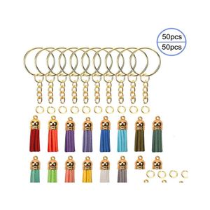 Keychains Lanyards läder Tassel Keychain 150 st nyckelring med kedja öppna hoppringar diy för hantverk levererar smycken som gör w61f dh9vm