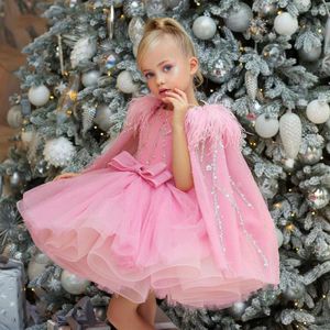 Flickaklänningar Yipeisha Pink Flower Dress med Cape Princess Feather First Communion Wear Birthday Gown Pageant for Children