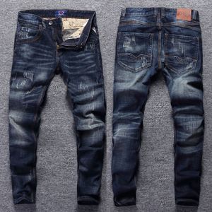 Herr jeans italiensk stil mode retro mörkblå elastisk smal fit rippad streetwear vintage designer denim pants hombre 230131