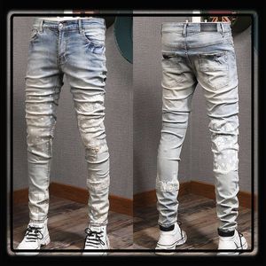 Dżinsy męskie drukowane detale rozciągnięte dżinsowe bawełniane spodnie Slim Fit New 124