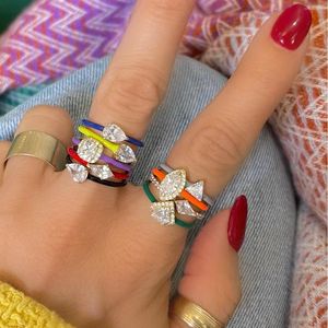 Cluster Rings Geometric CZ Engagement Ring For Women Colorful Enamel Band Stacking Finger Jewelry